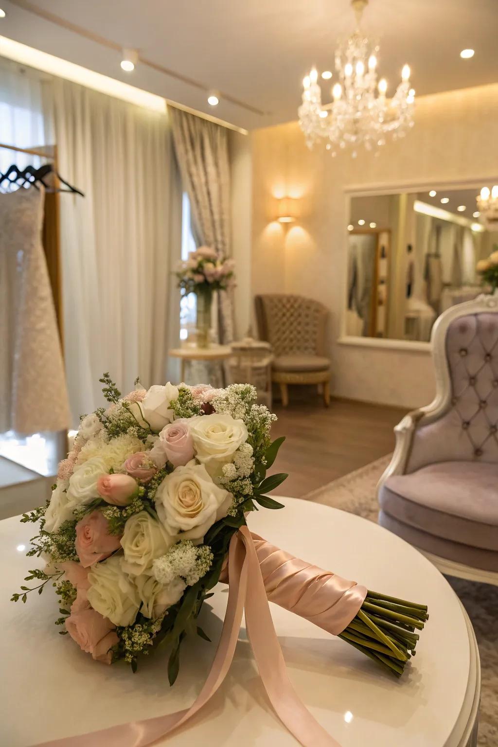 Silk ribbon dressings present a traditional and stylish finish to wedding bouquets.
