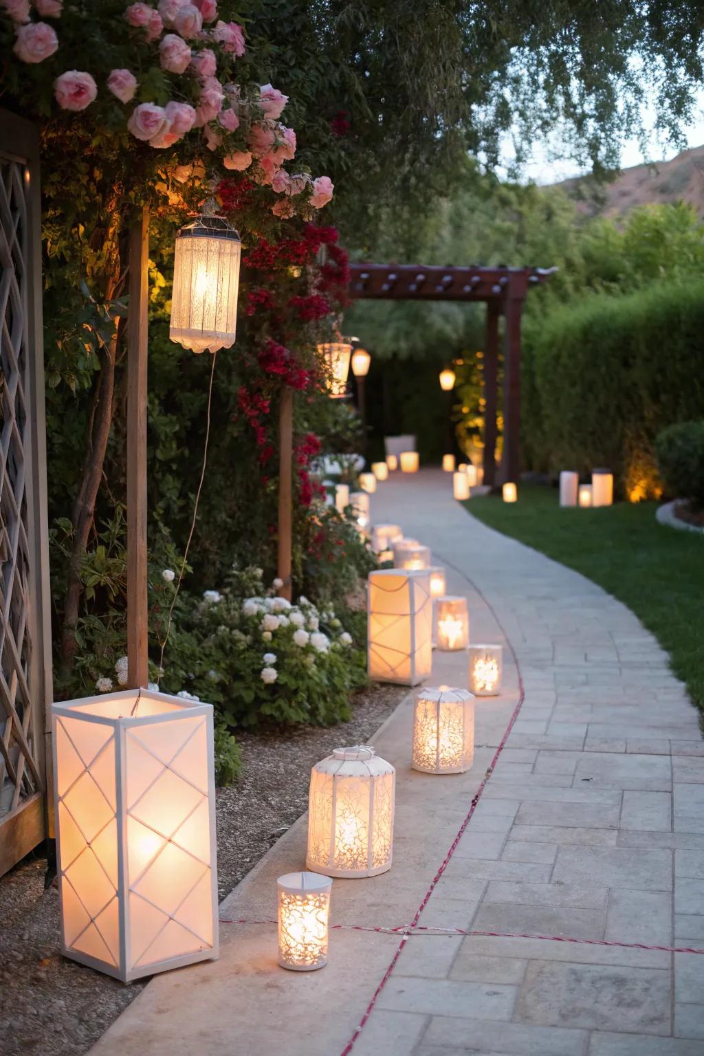 Refined lanterns softly illuminate the path to the bridal shower entrance, enveloping guests in warmth and welcome.