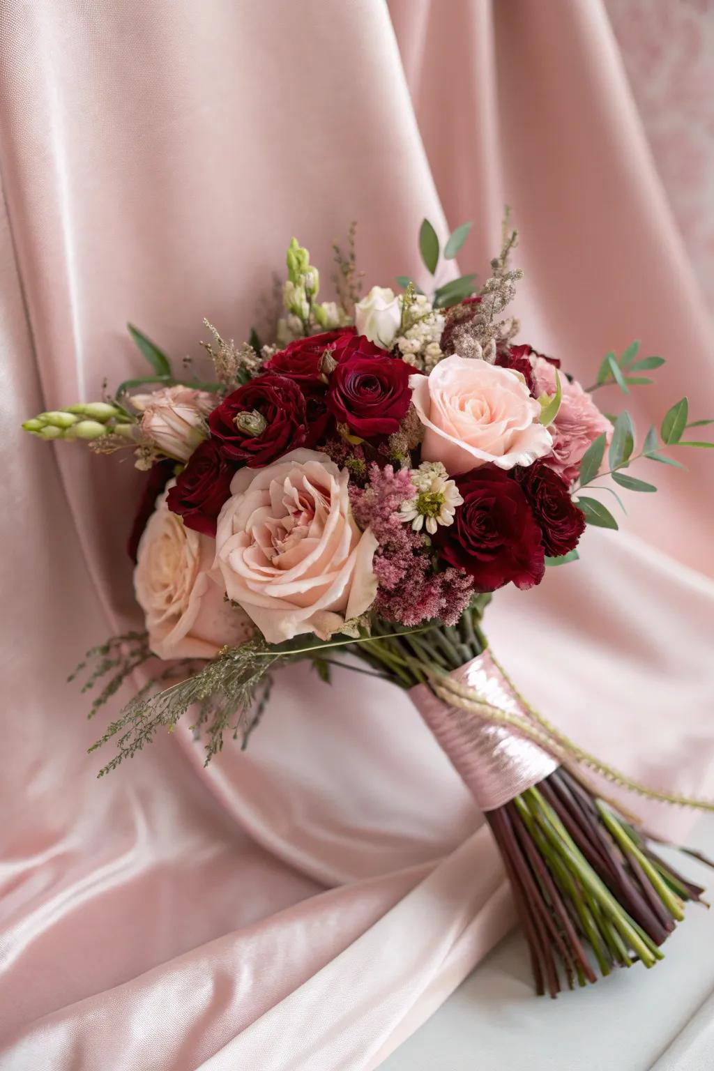 A heartfelt fusion of deep red and light pink flowers.