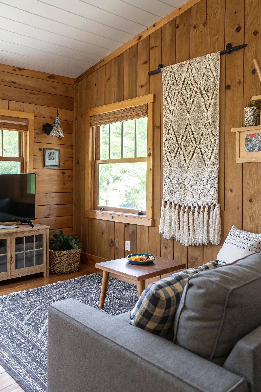 A mix of materials adds depth and interest to the cabin decor.