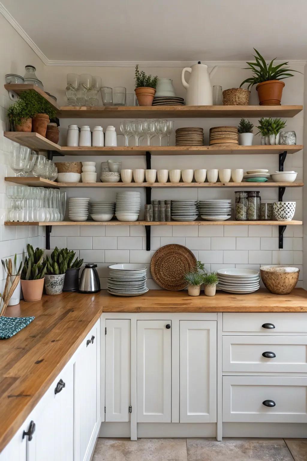 Open shelving creates an airy and spacious kitchen feel.