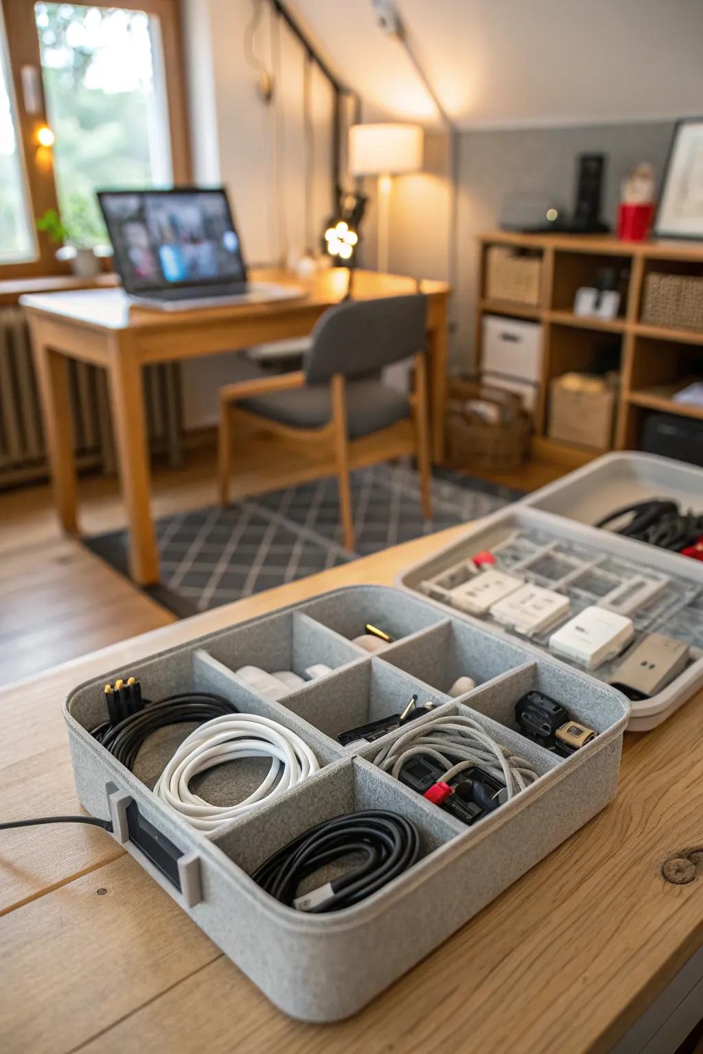 Compartmentalized storage boxes for cables.