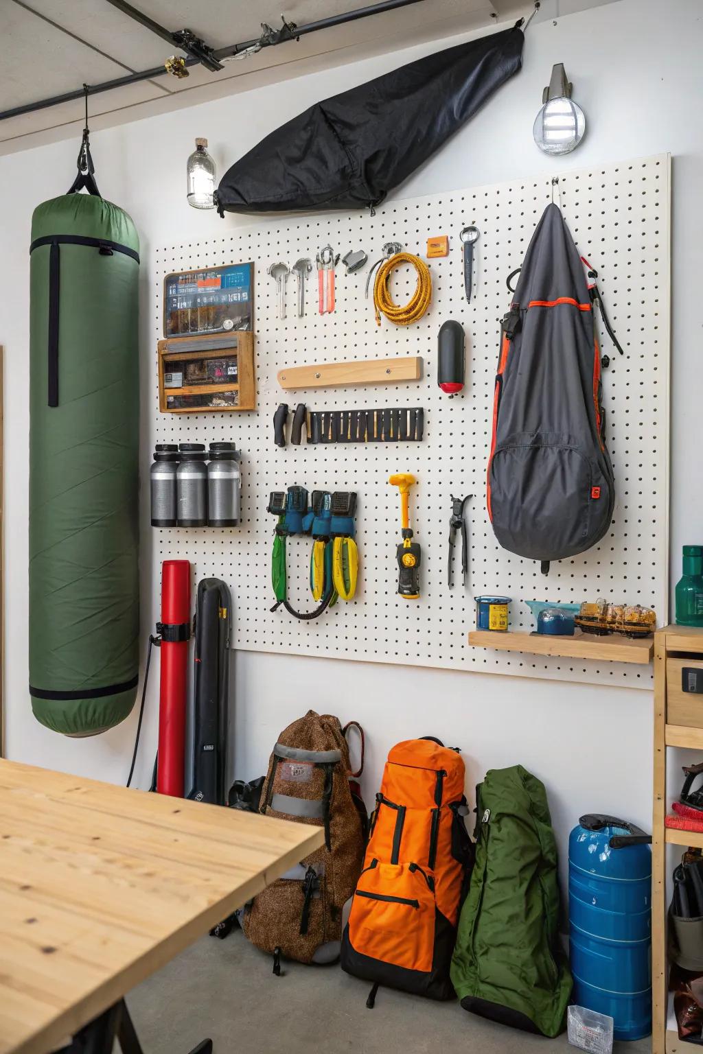 Pegboards provide a creative way to organize and display camping tools.