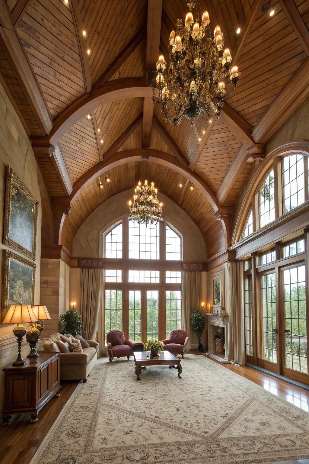 A grand room with an arched amber canopy ceiling, exuding a sense of spaciousness.