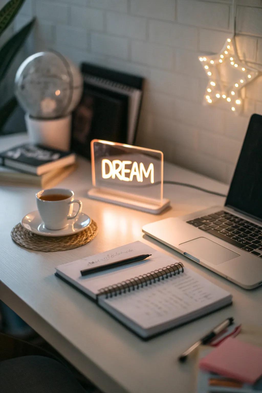 A neon sign adding a trendy touch above the desk.