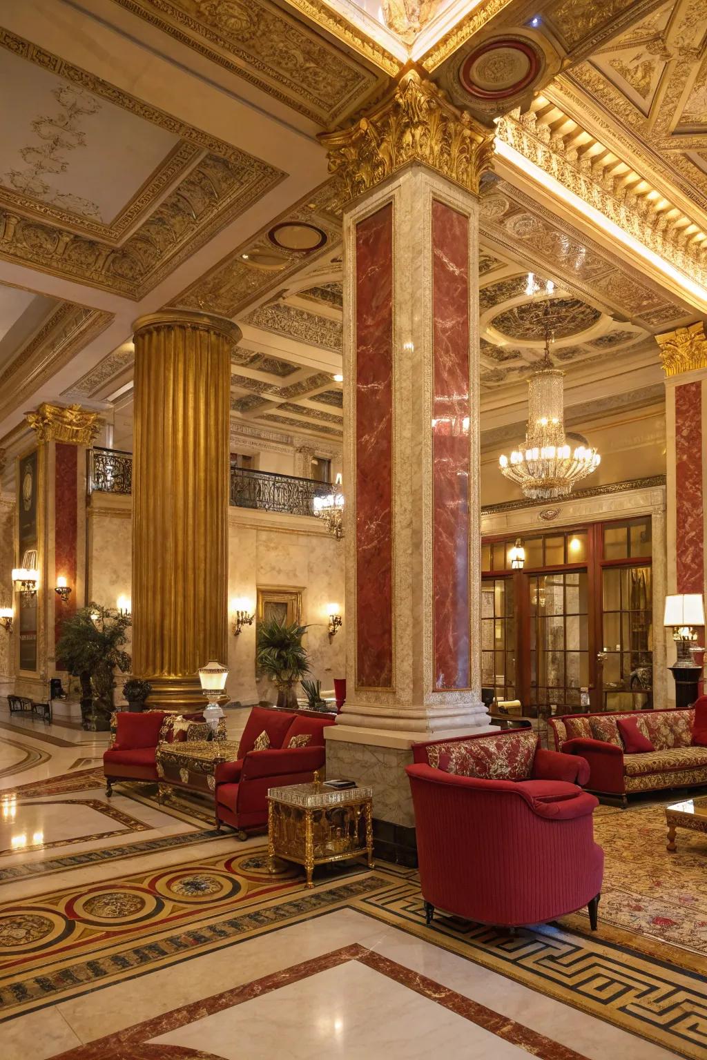 A lobby displaying a luxurious color scheme of gold, red, and earth tones.