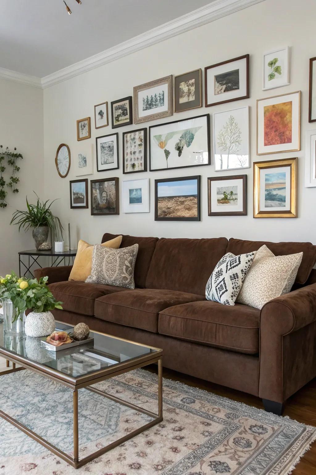 A gallery wall adds personal flair and complements the chocolate couch.