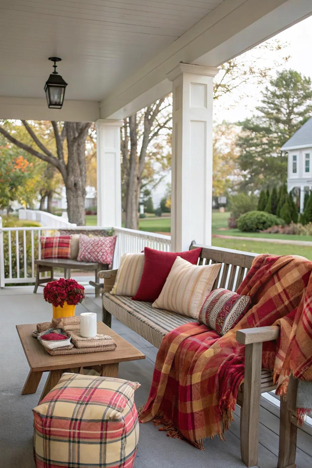 Plaid pillows and blankets adding warmth to the porch seating.