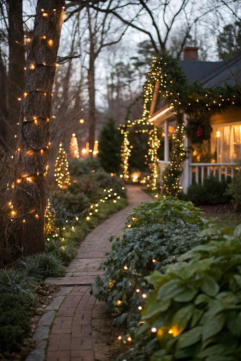 A garden walkway exquisitely illuminated with Christmas lights.