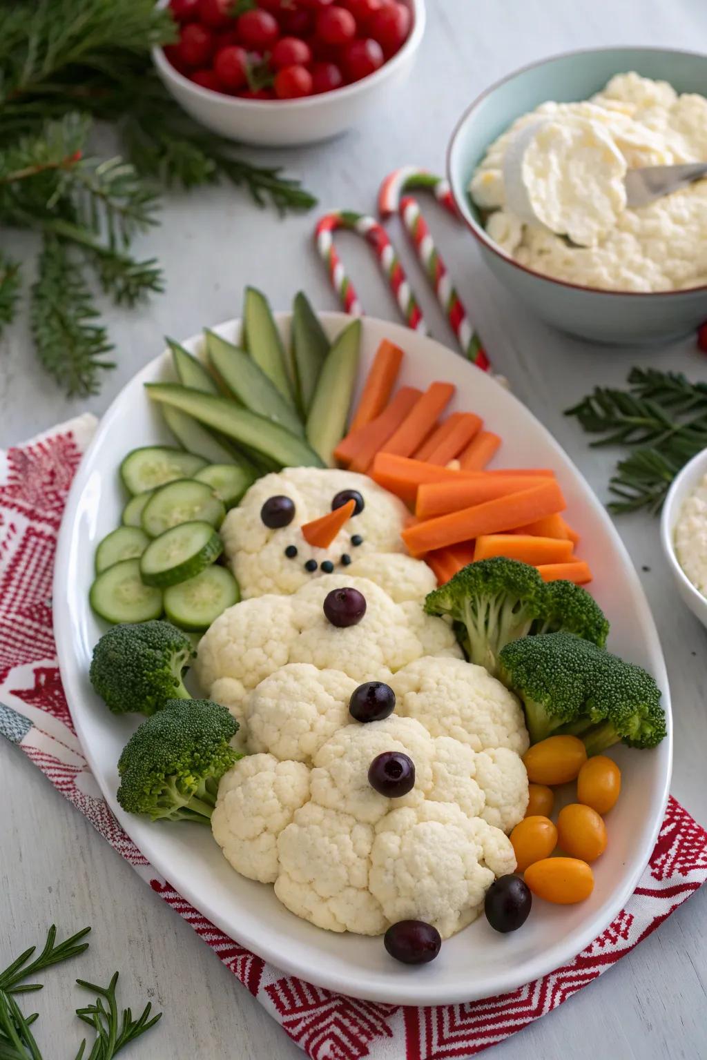 An adorable snowman veggie tray to brighten your holiday table.