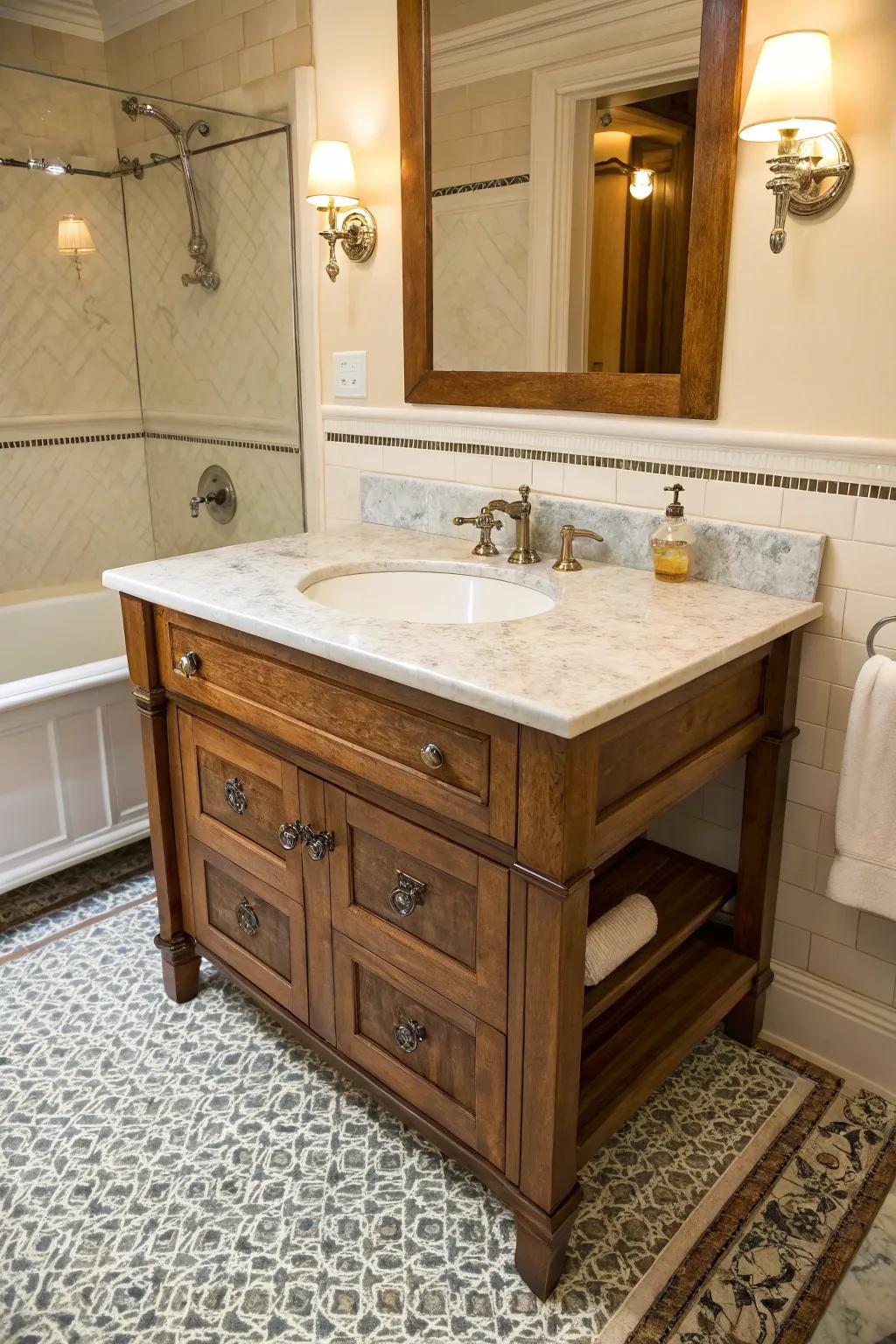 A traditional vanity unit with a marble countertop.