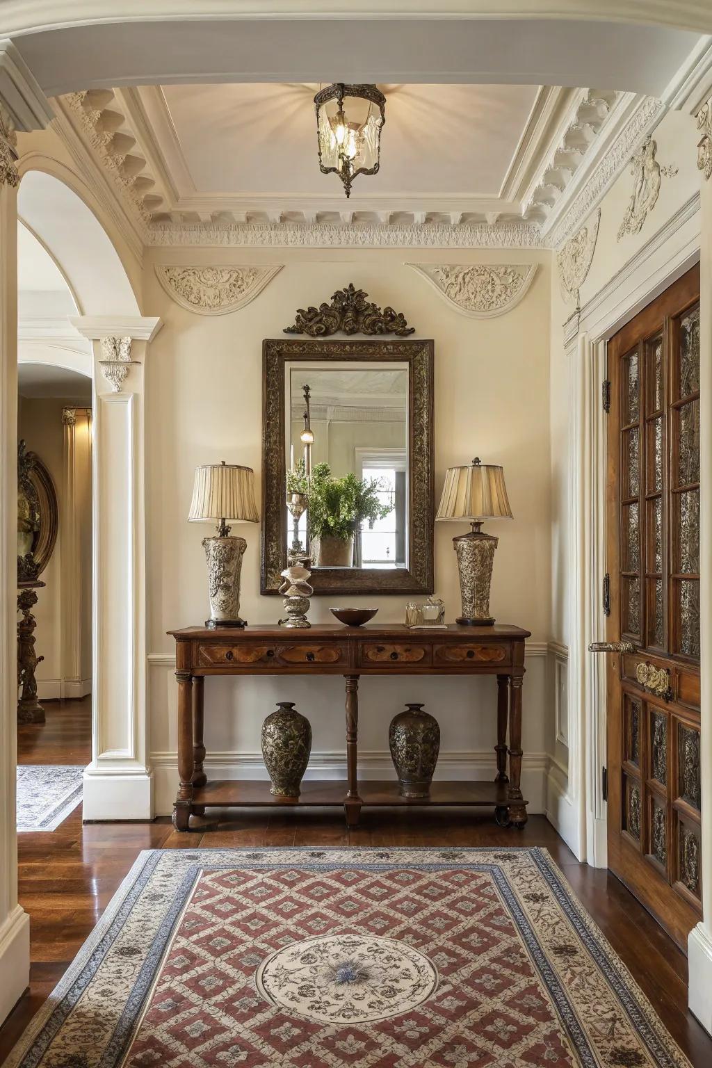 Classic wooden furniture anchors this colonial entryway.