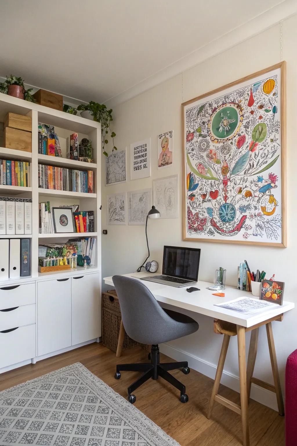 Artistic doodle poster adding creativity to a home office.