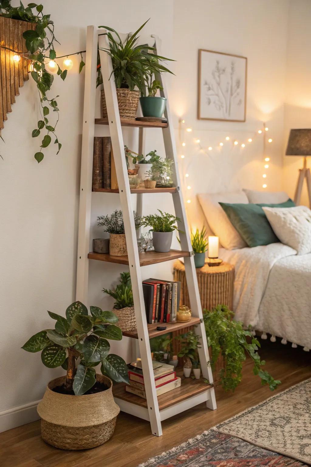 Ladder shelves offer a stylish solution for displaying keepsakes.