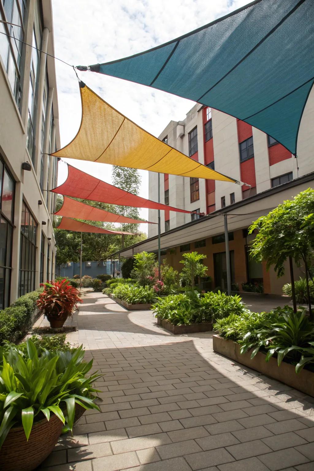 Vibrant sail shades add a contemporary flair to the courtyard.