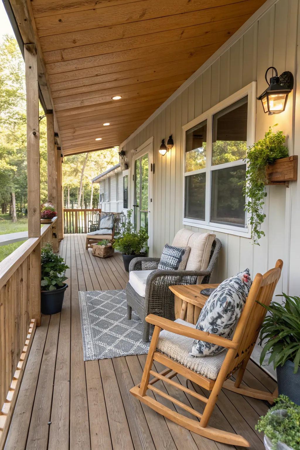 Wooden decking provides a warm and inviting foundation for your porch.