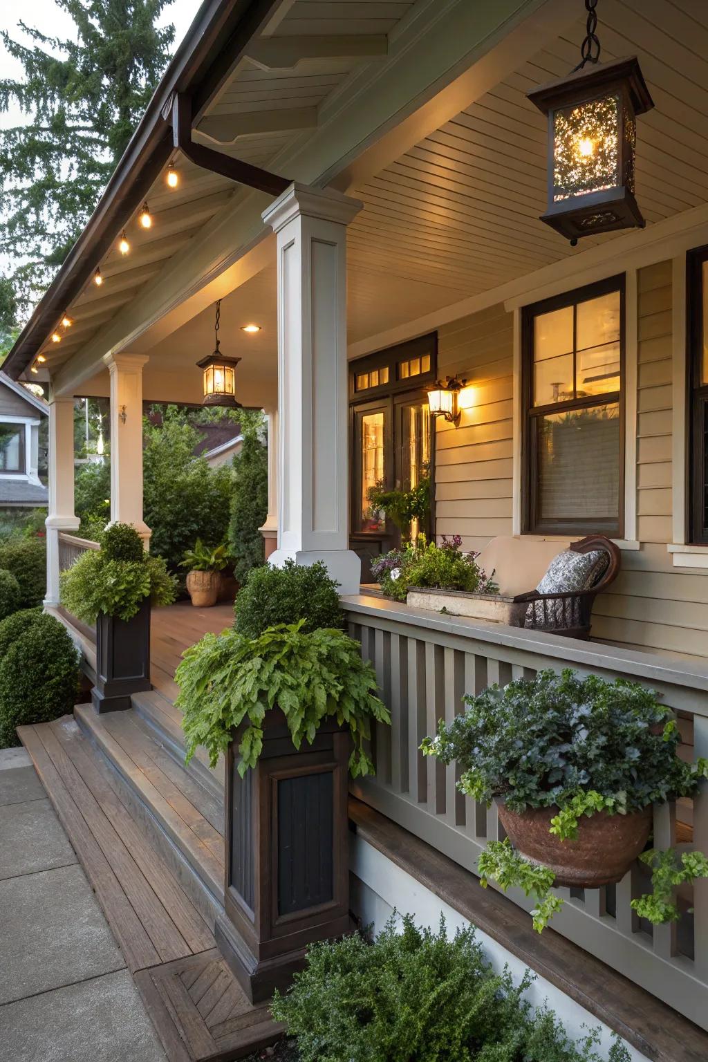 The porch is made more orderly and elegant by symmetry.