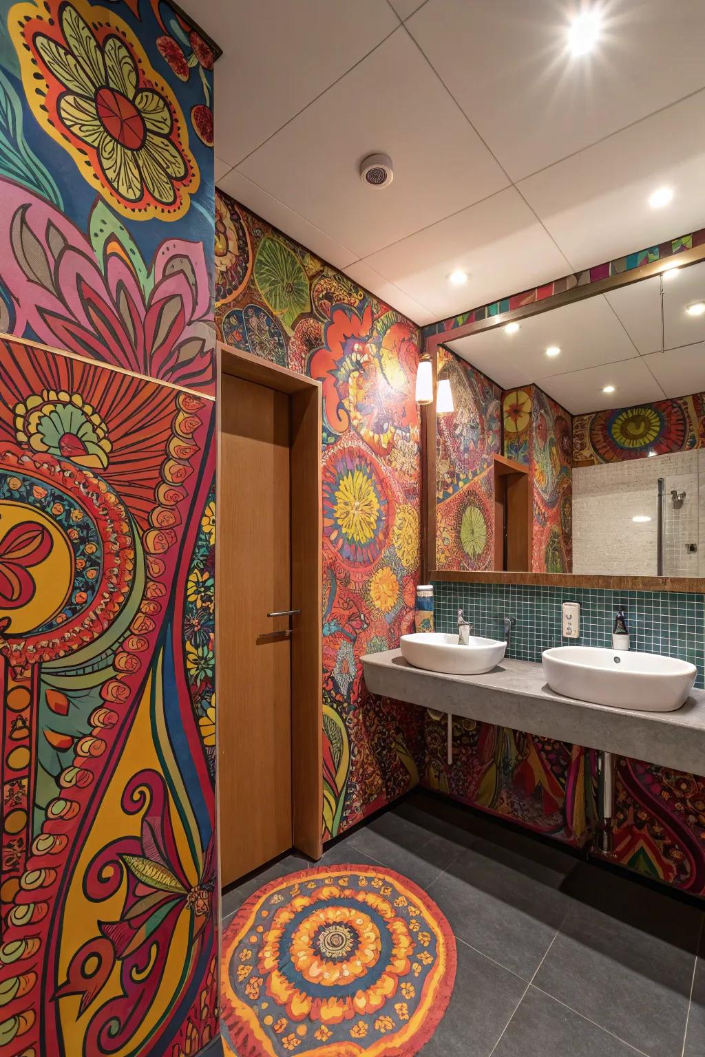 A bathroom bursting with colorful psychedelic patterns.