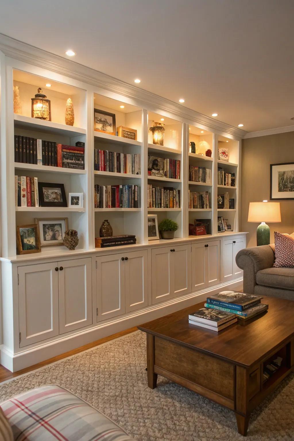 Built-in bookshelves provide a seamless and stylish storage solution.