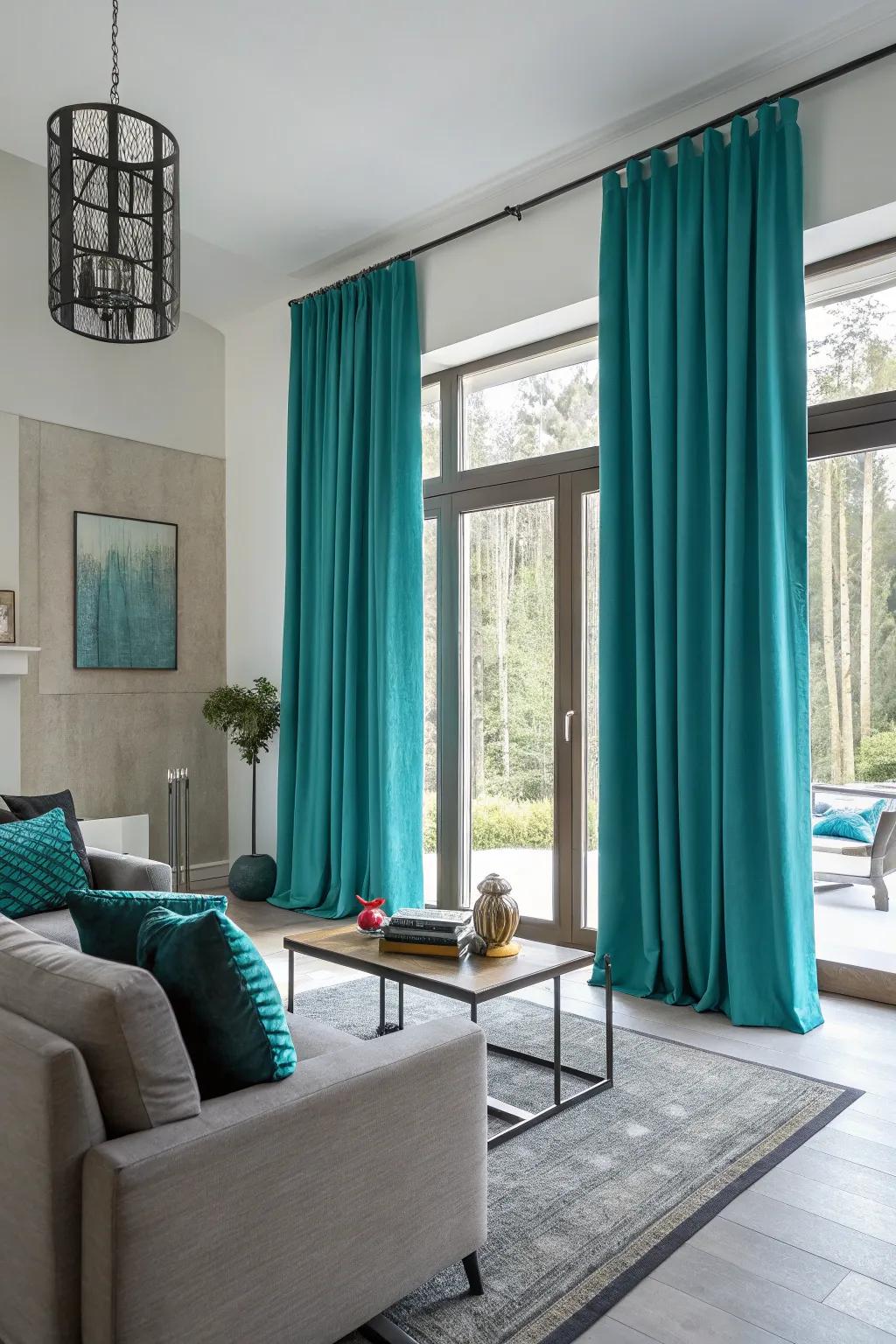 Bold curtains can serve as a vibrant focal point in a neutral room.