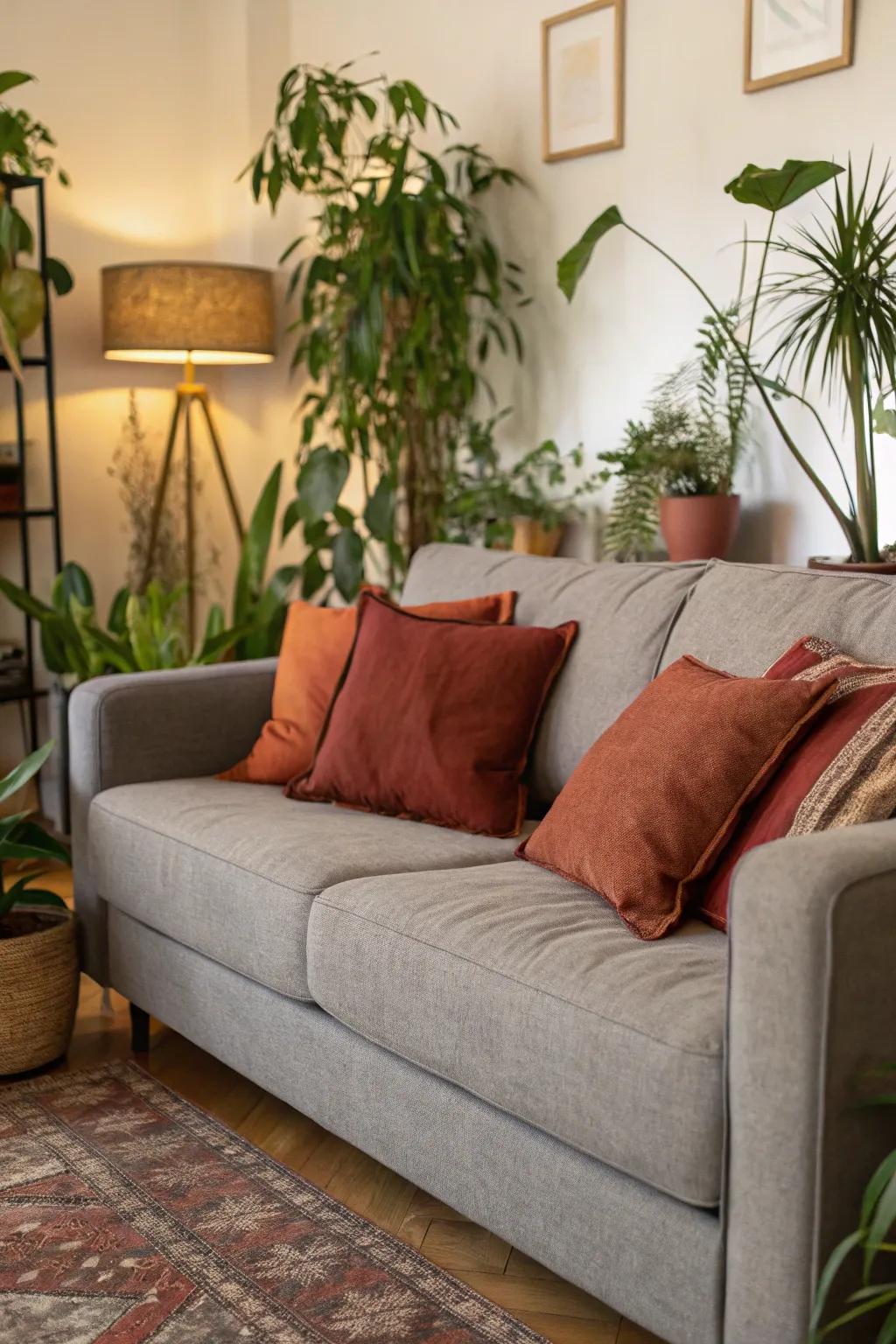 Earthy tones infuse natural warmth into a grey sofa setup.