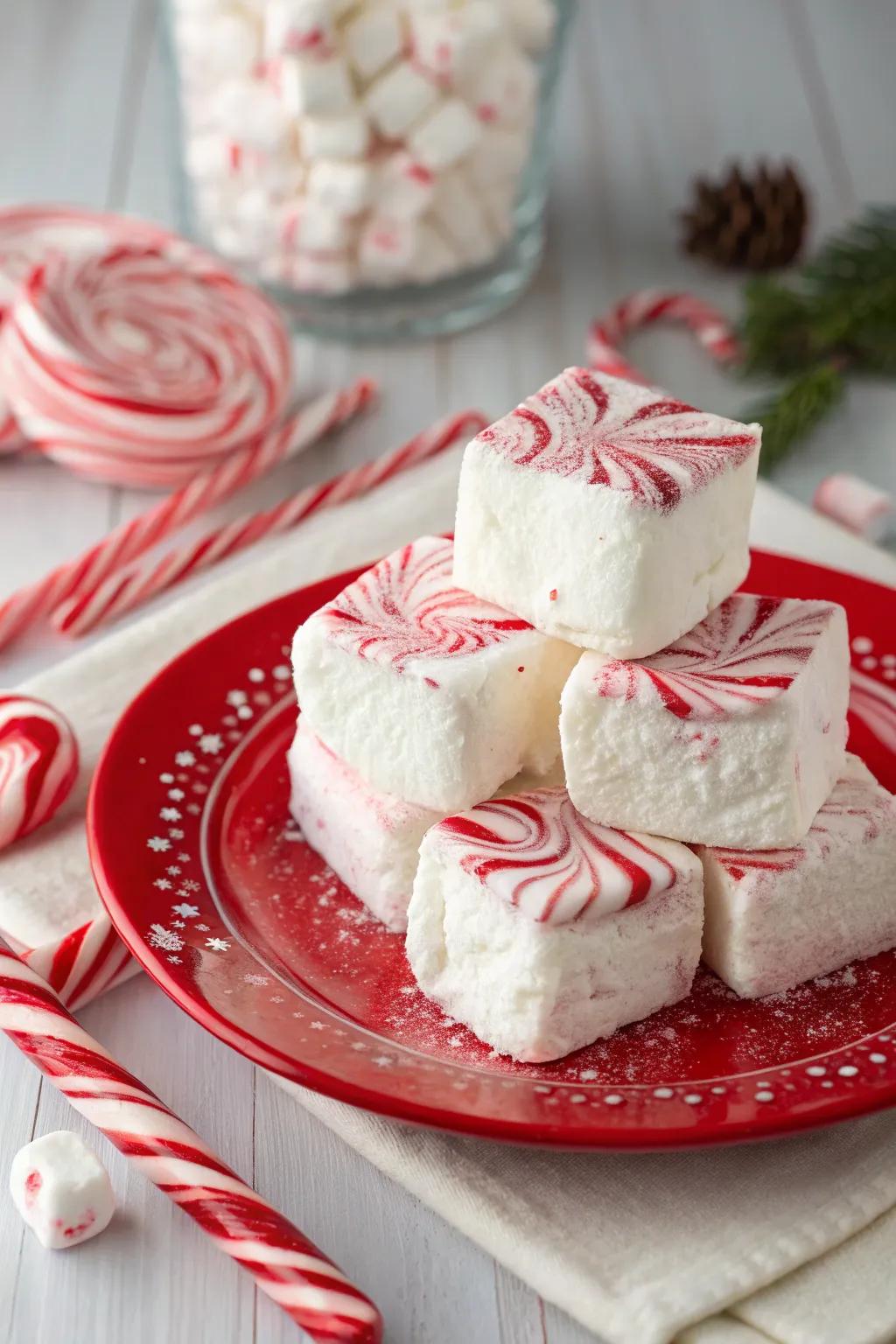 Festive striped stick marshmallows ideal for warm cocoa or snacking.