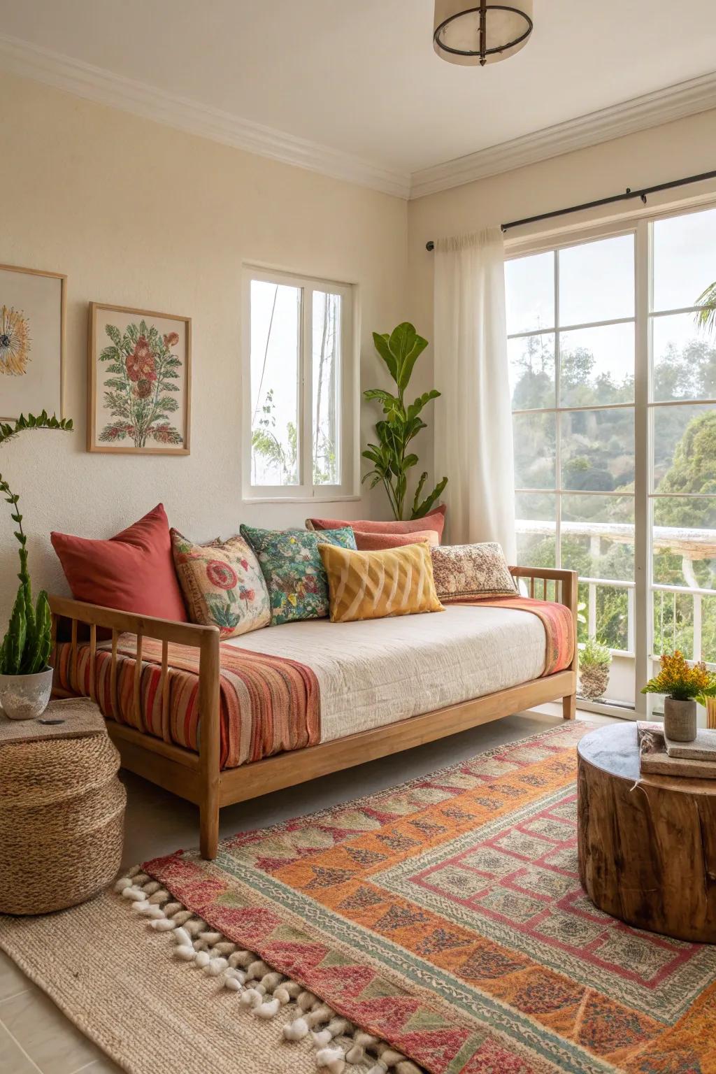 A colorful daybed enlivens a neutral living room.