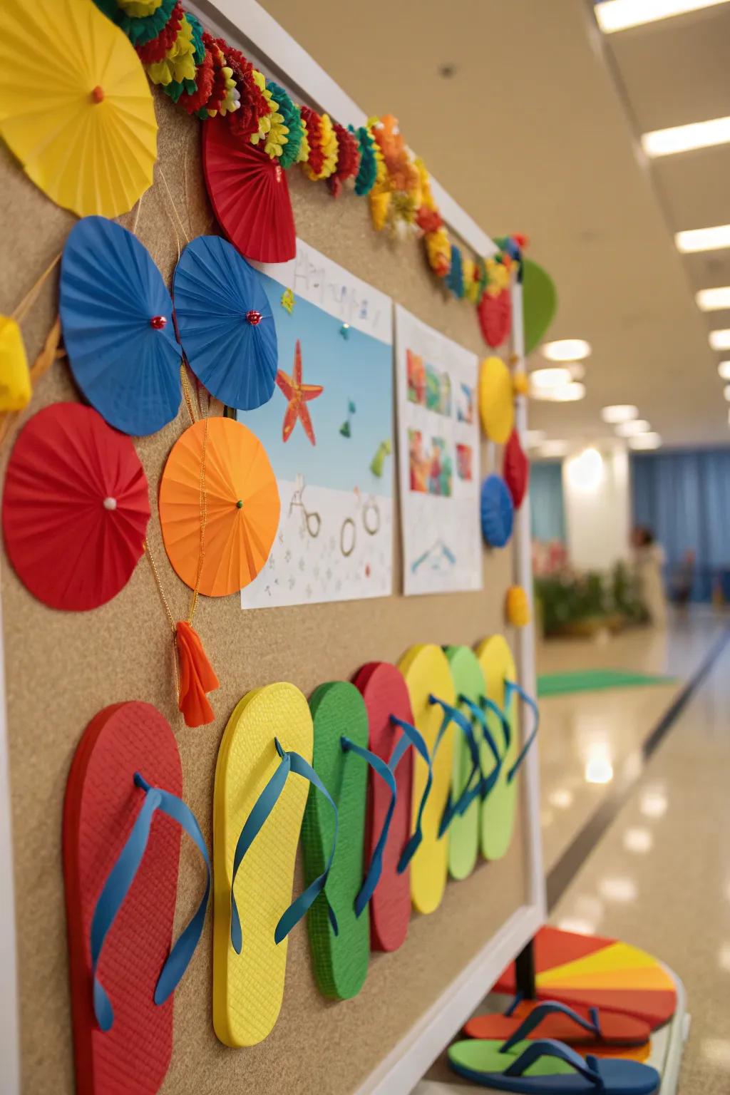 Flip Flop Fun bulletin board with beach-themed elements.