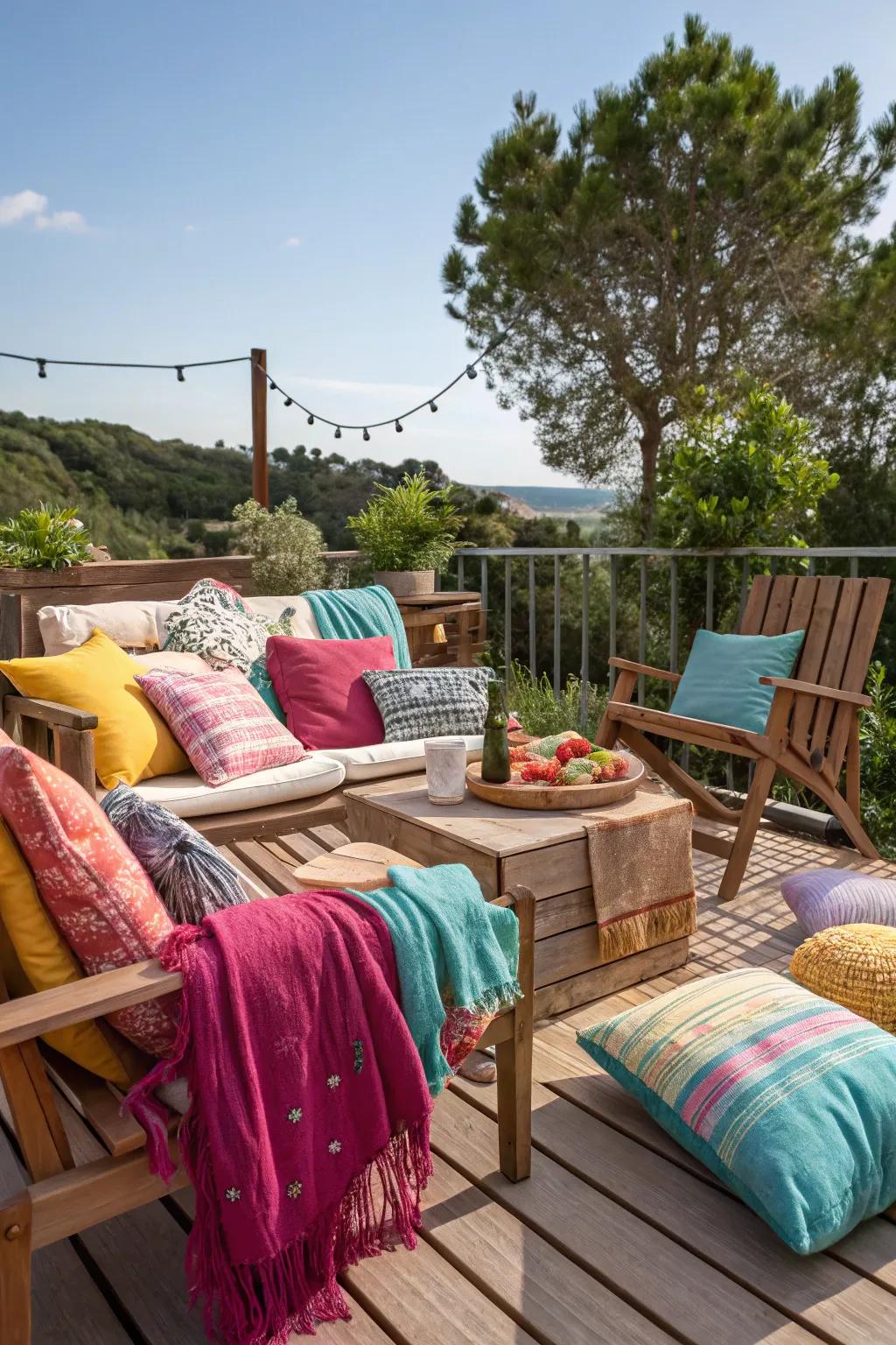 Cozy textiles introduce warmth, color, and comfort to your deck environment.