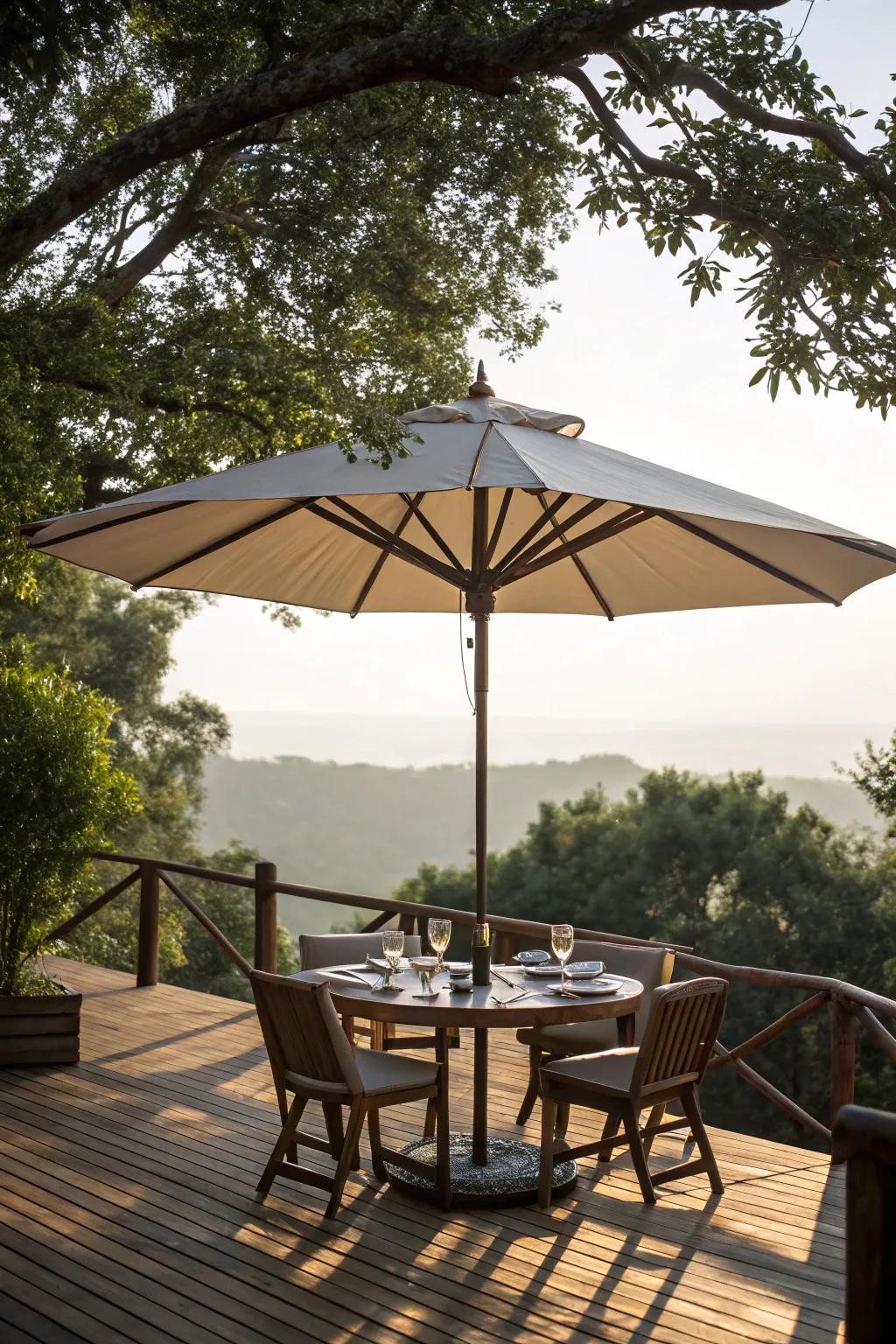 Umbrellas provide adjustable shade and are a timeless deck accessory.