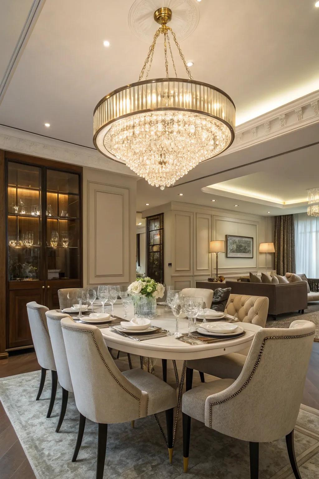 A statement chandelier that adds elegance and drama to the dining room.