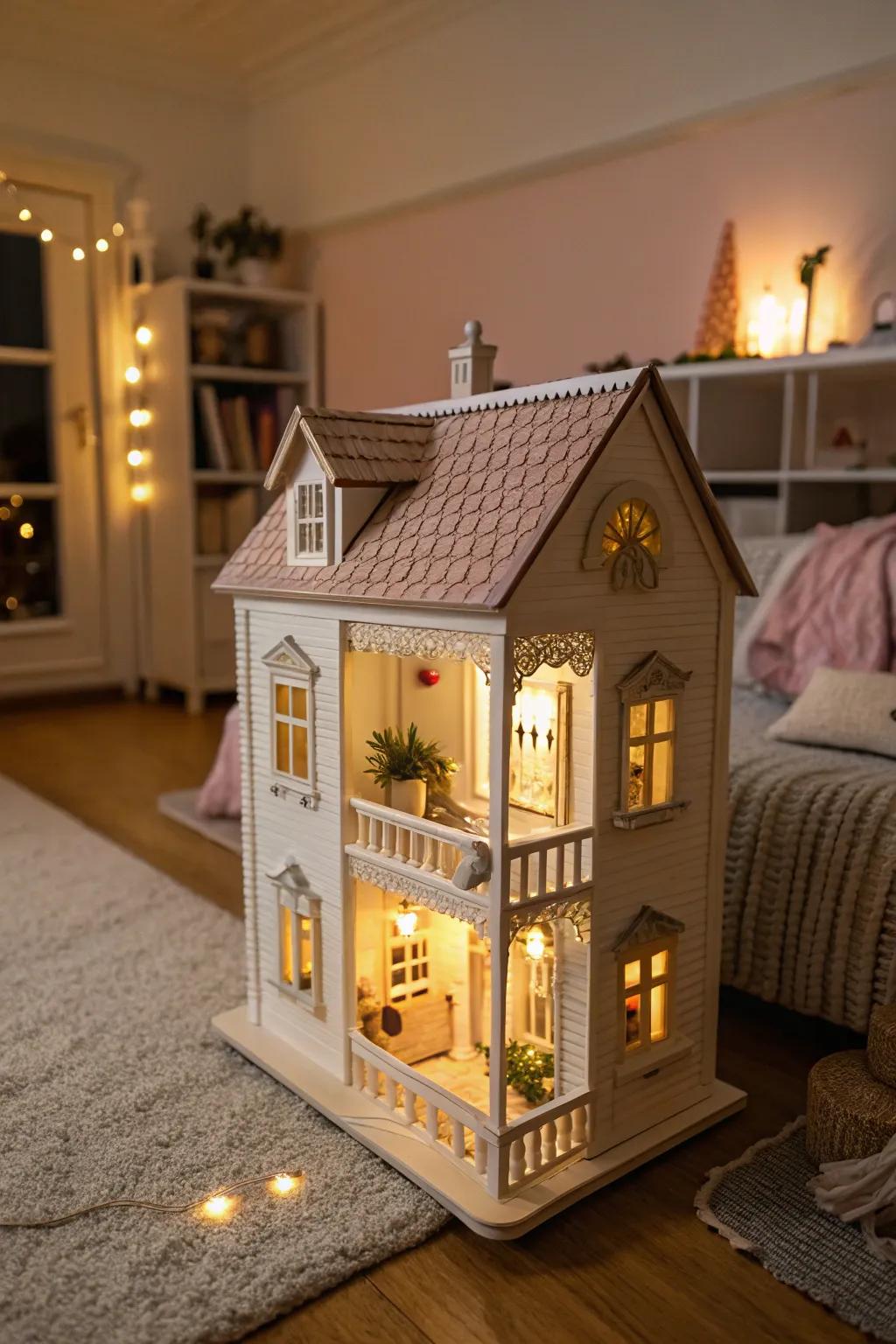 Lighting adds a cozy touch to dollhouse displays.