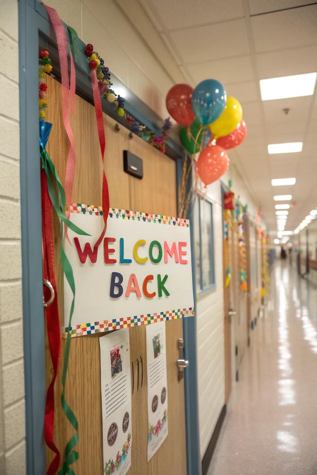 A seasonal welcome message brightens up the classroom door.