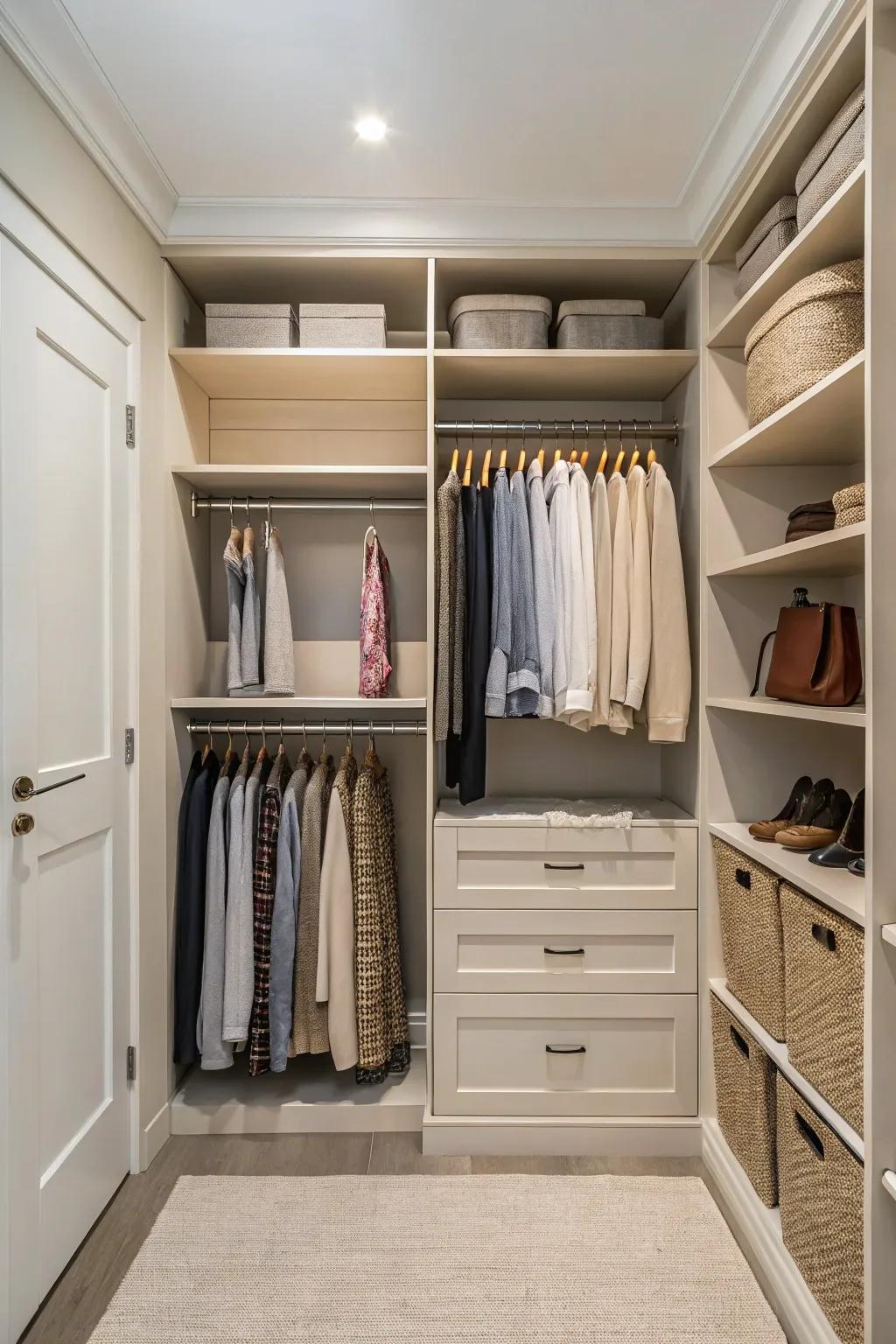 Neutral tones for a serene and spacious closet design.