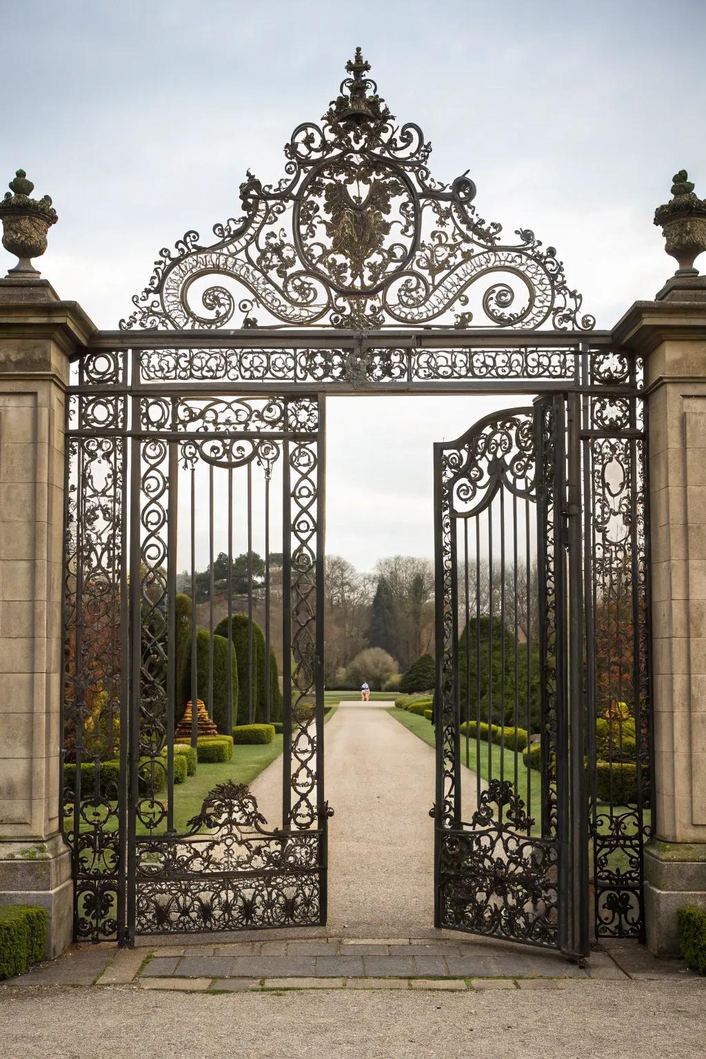 An elaborate metal double swing gate creating a magnificent entrance statement.