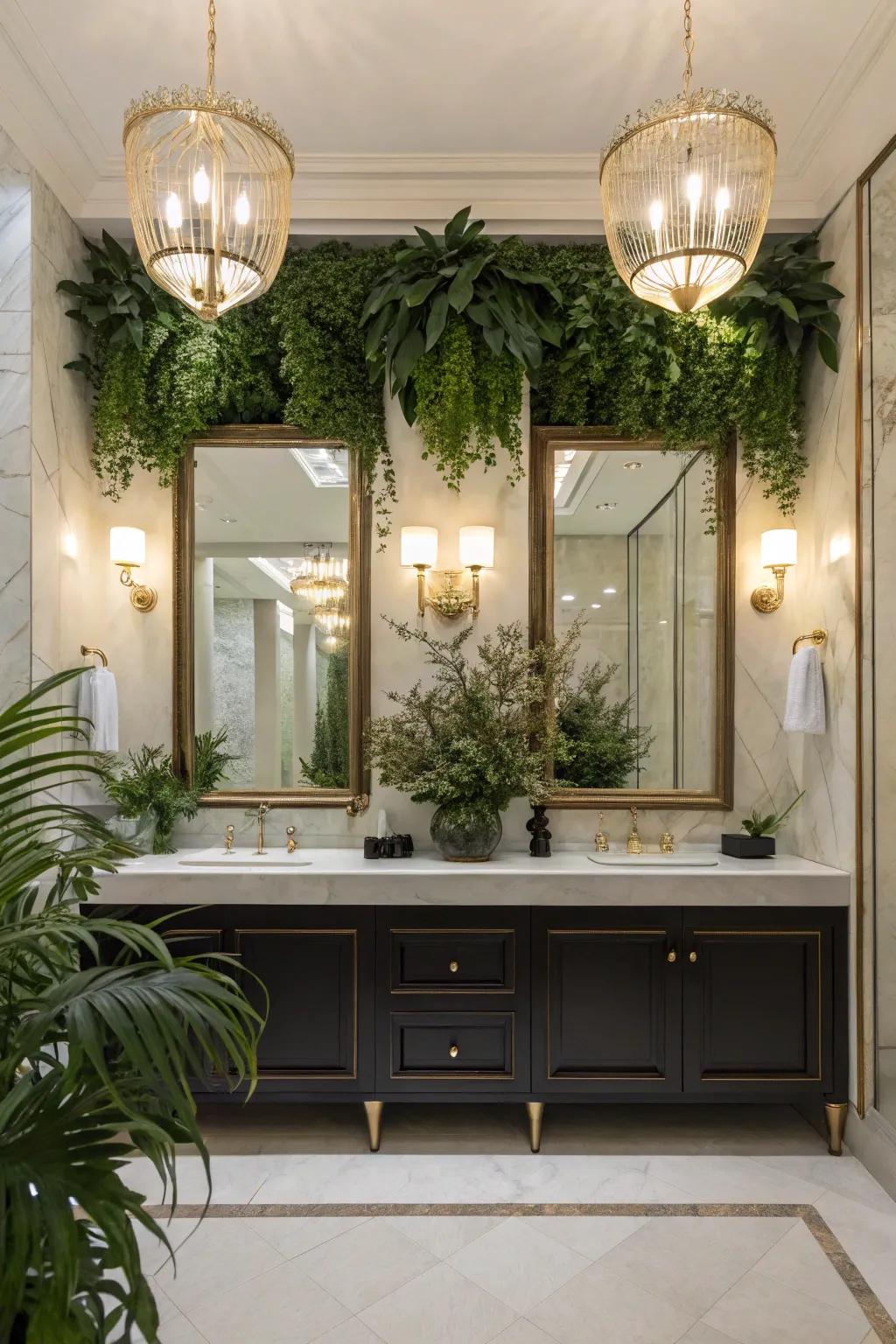 Decorative elements like plants add life to this double vanity.