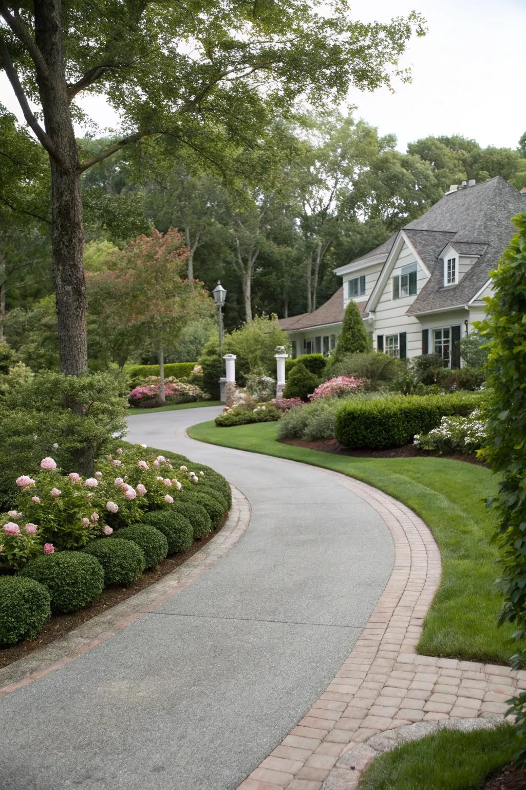 A curved pathway adds charm and guides the journey to the home.