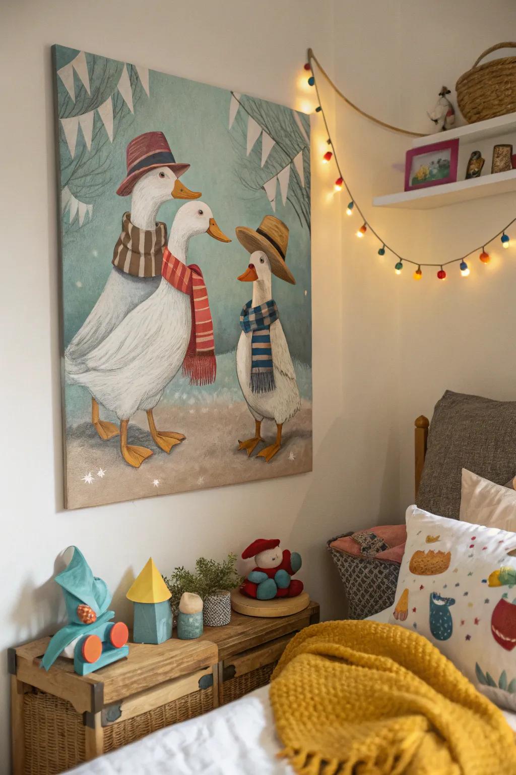 Quirky accessorized ducks bring fun to any child's room.