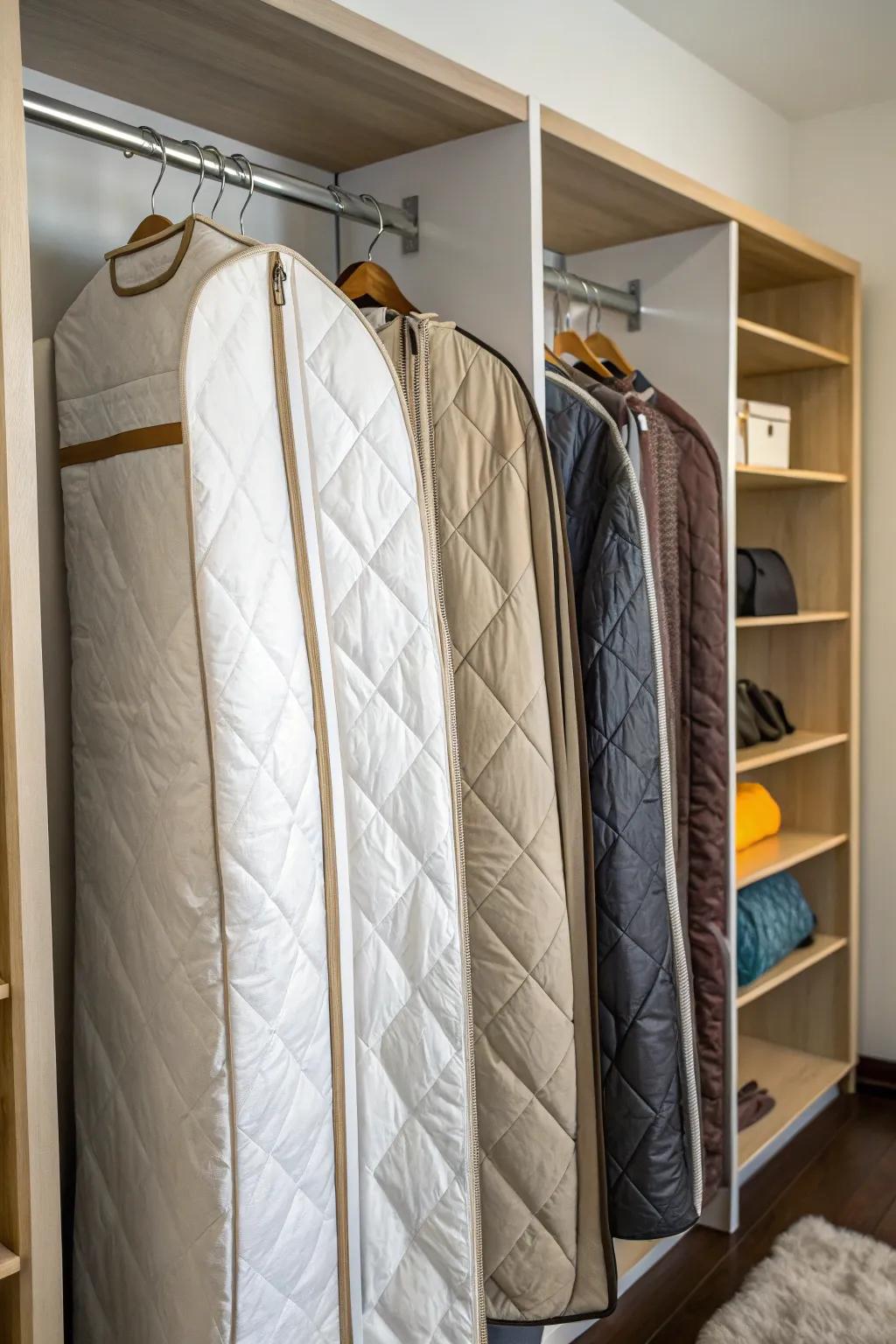 Hanging duvets in garment bags for a space-saving solution.