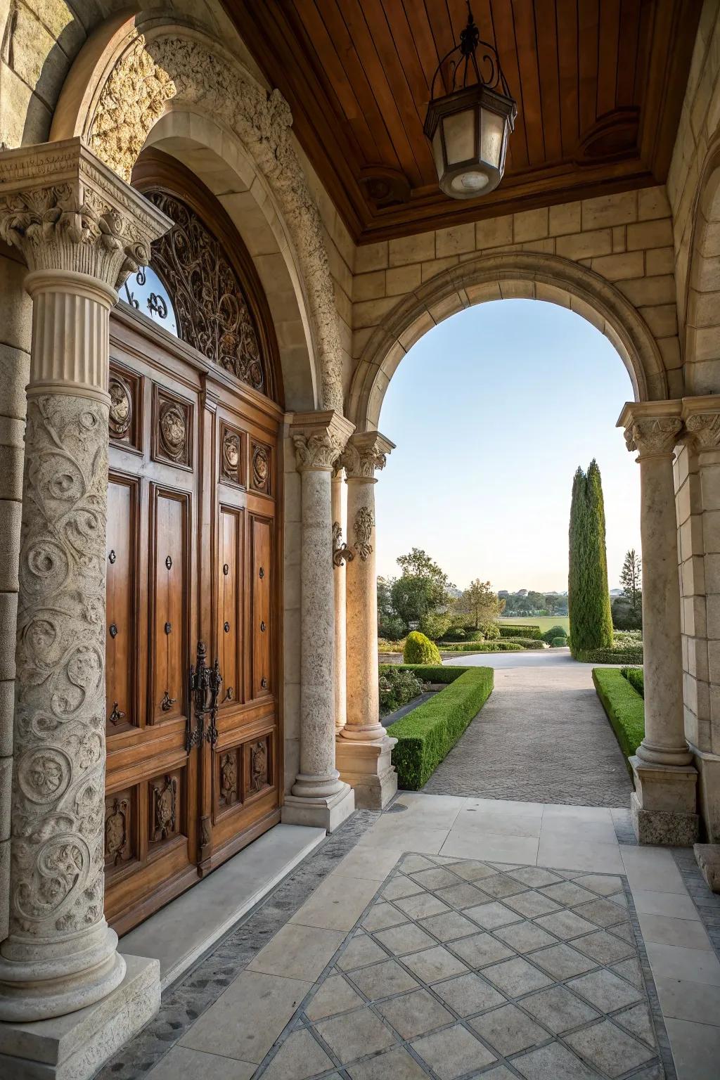 A stone-accented entryway makes for a grand and welcoming entrance.