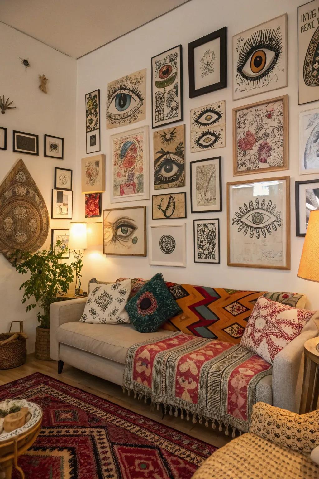 A joyful patchwork of various eye art styles turning an empty wall into a feature of art.