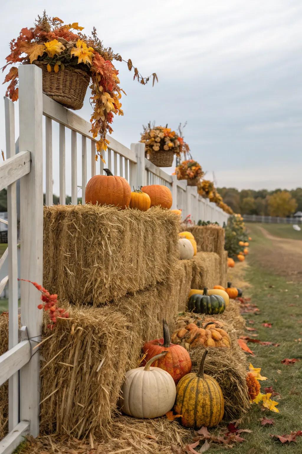 Hay bales provide platforms for autumn decor, adding depth to the scene.