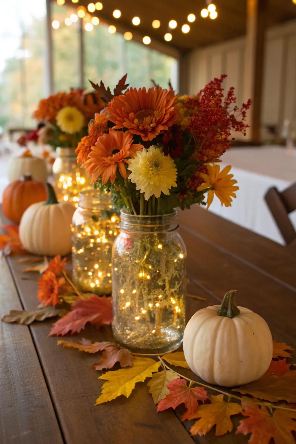 Mason jars filled with fairy lights and autumn blooms add rustic charm to the wedding decor.