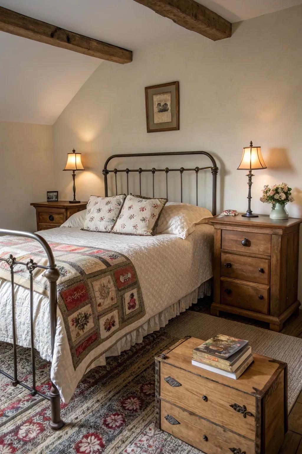 Historical charm is evident in the carefully chosen aged furniture pieces.