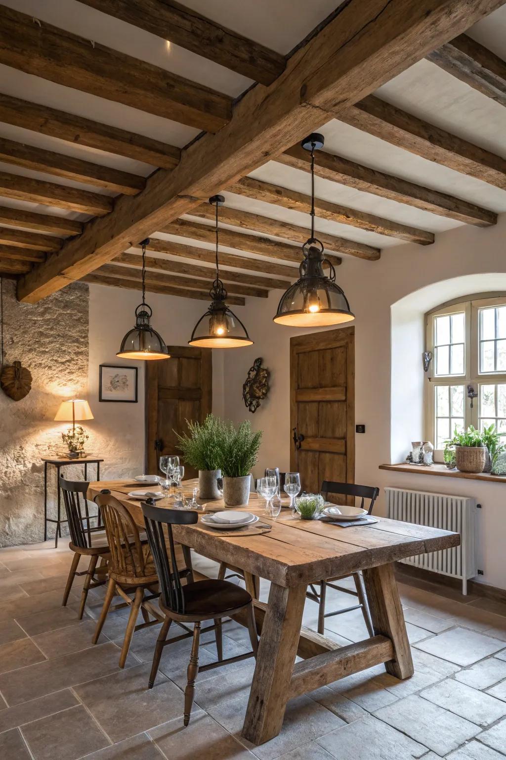 Industrial lighting adds vintage flair to this farmhouse dining area.