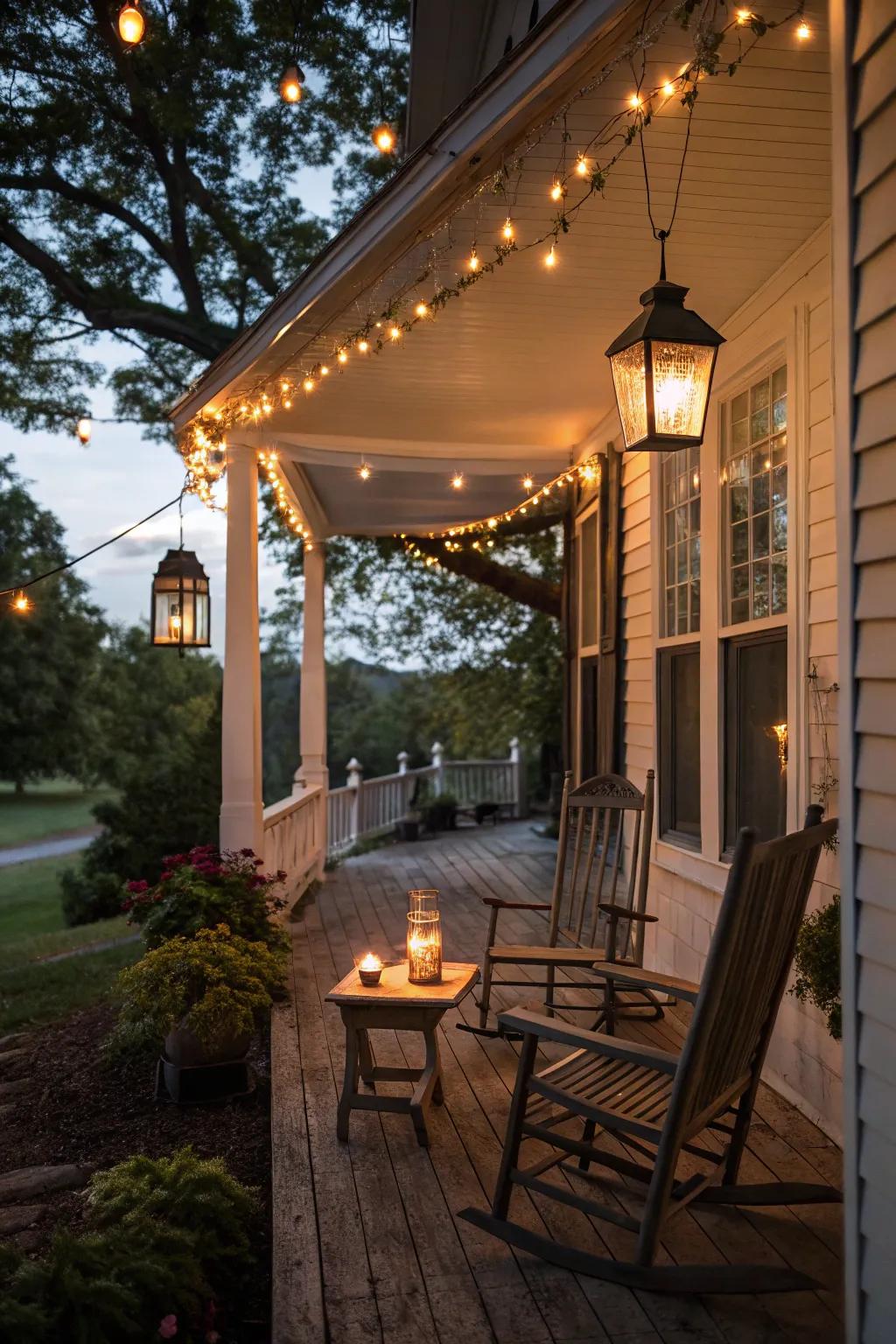 Lanterns and string lights create a cozy evening atmosphere.