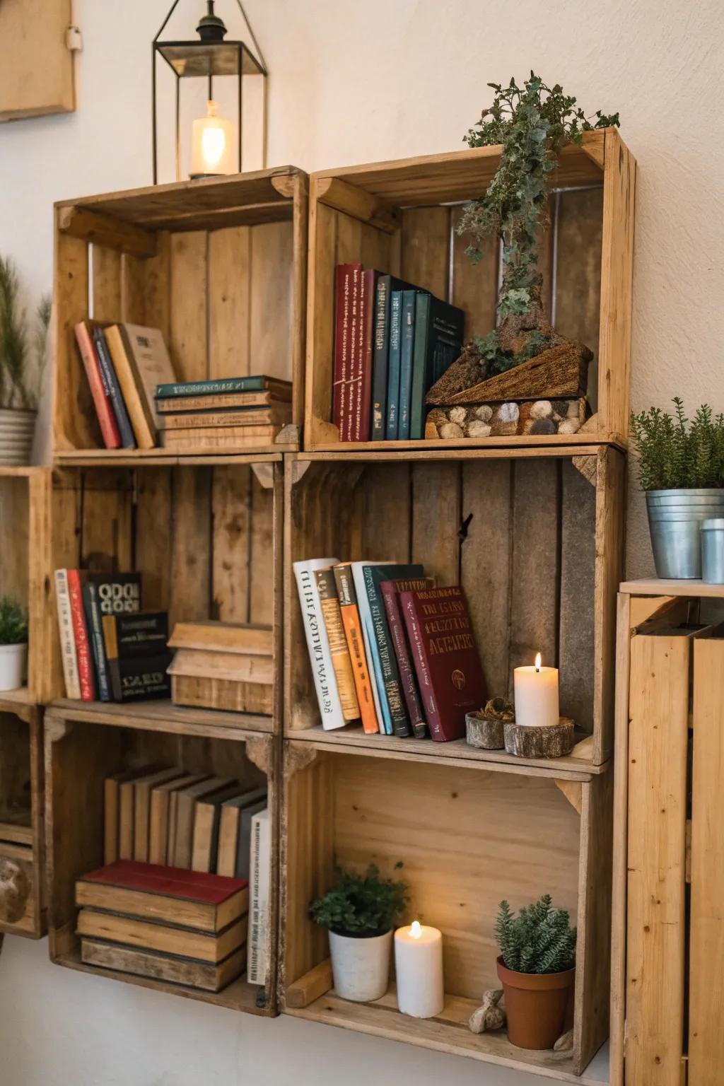 Innovative shelving using mounted wooden crates.