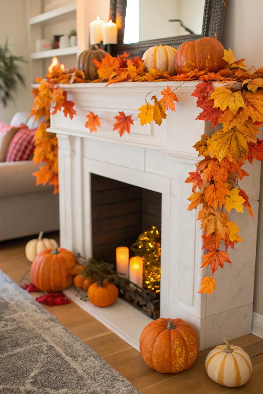 A faux fireplace dressed in autumnal decor for a seasonal flair.