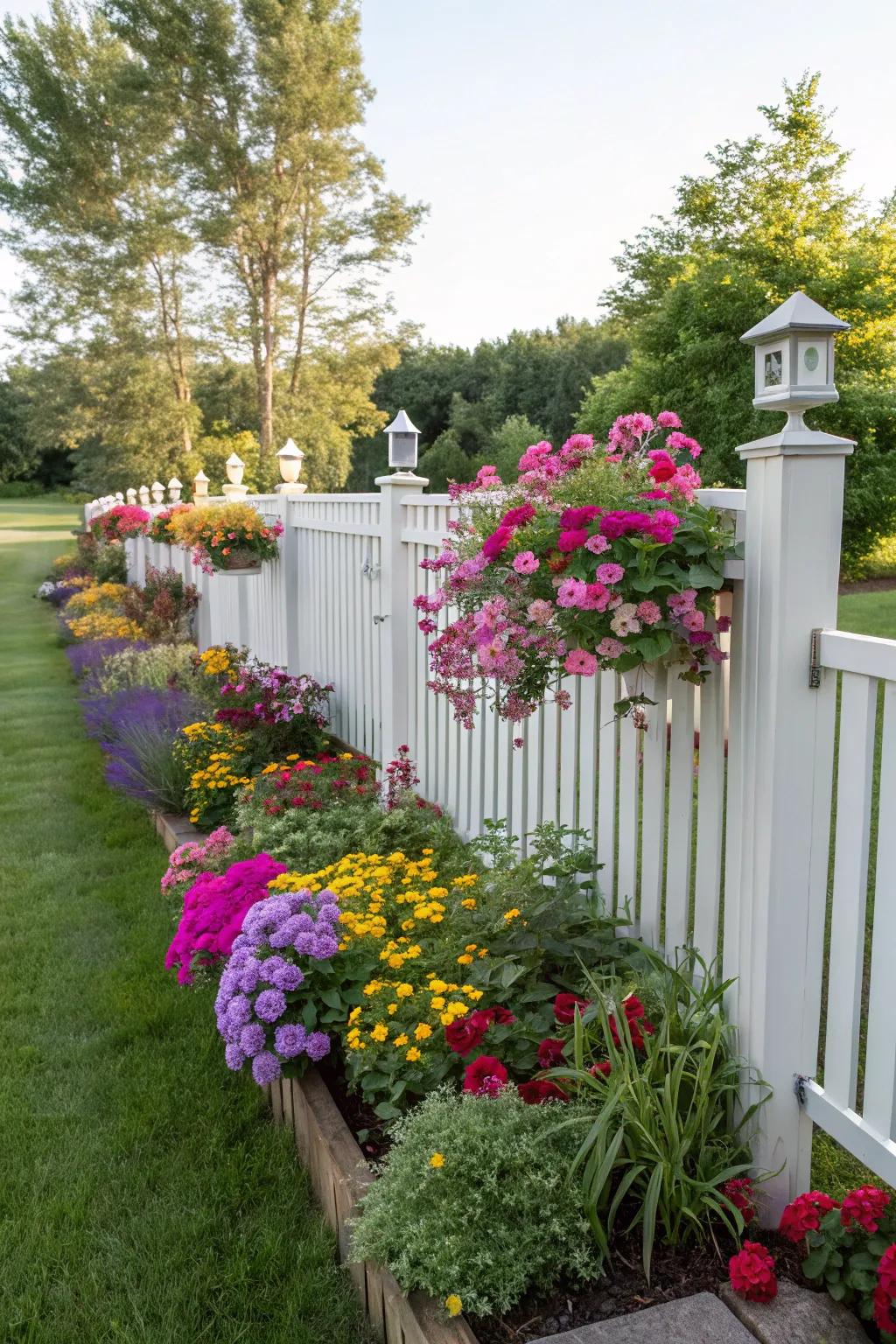 Vibrant flower beds bring life and color to your fence.