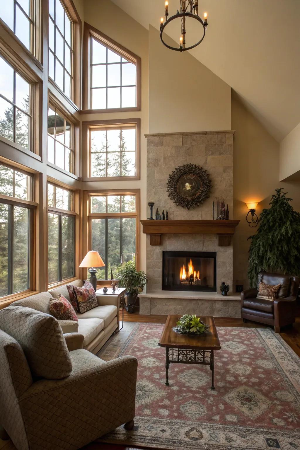 A cozy living room with a central fireplace and ample natural light from large windows.